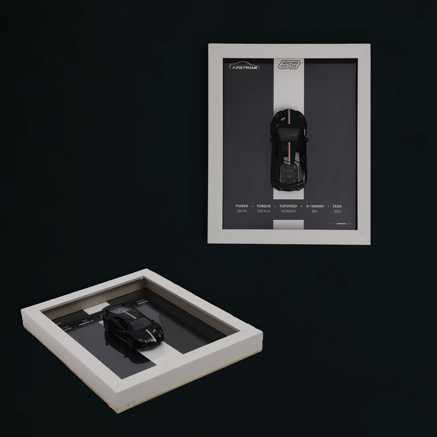 Model car displayed in a white frame on a black background