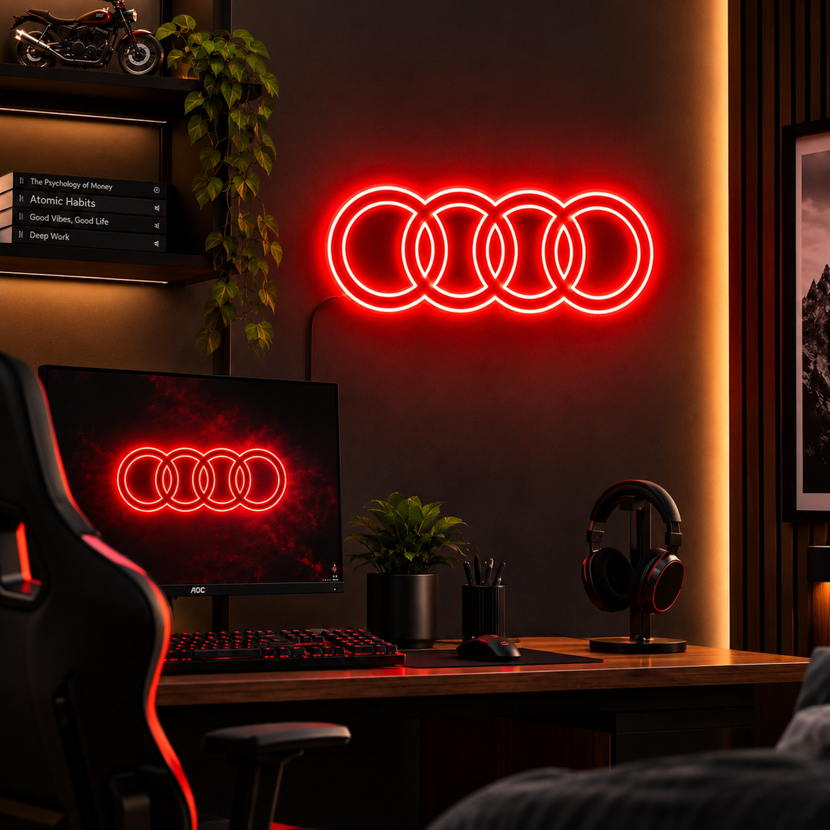 Audi four-ring logo LED wall sign glowing blue against a dark brick wall