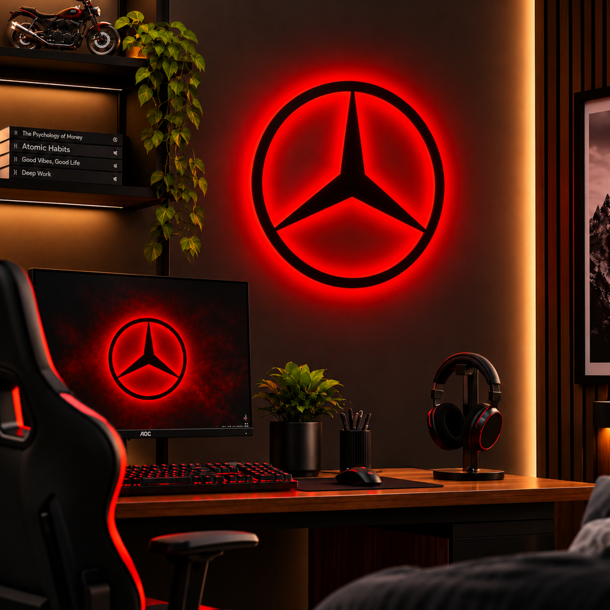Mercedes-Benz three-pointed star logo LED wall sign with warm yellow backlighting on a white wall
