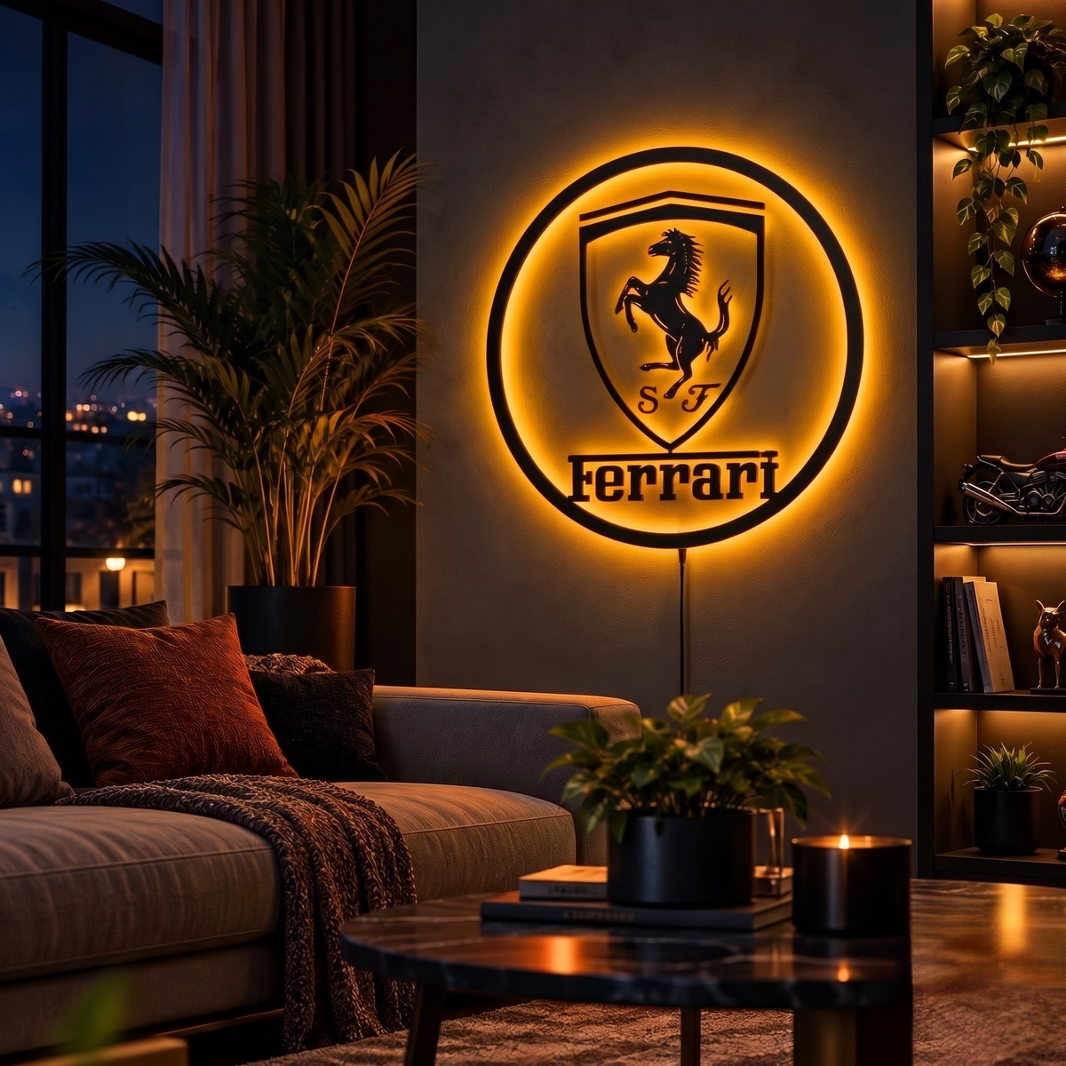 Porsche shield logo LED wall sign with warm golden backlighting on a dark wall