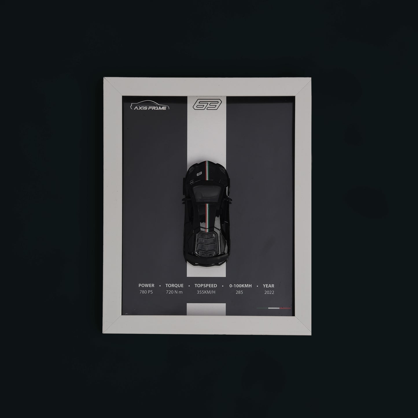 Framed display of a black car model with specifications on a dark background
