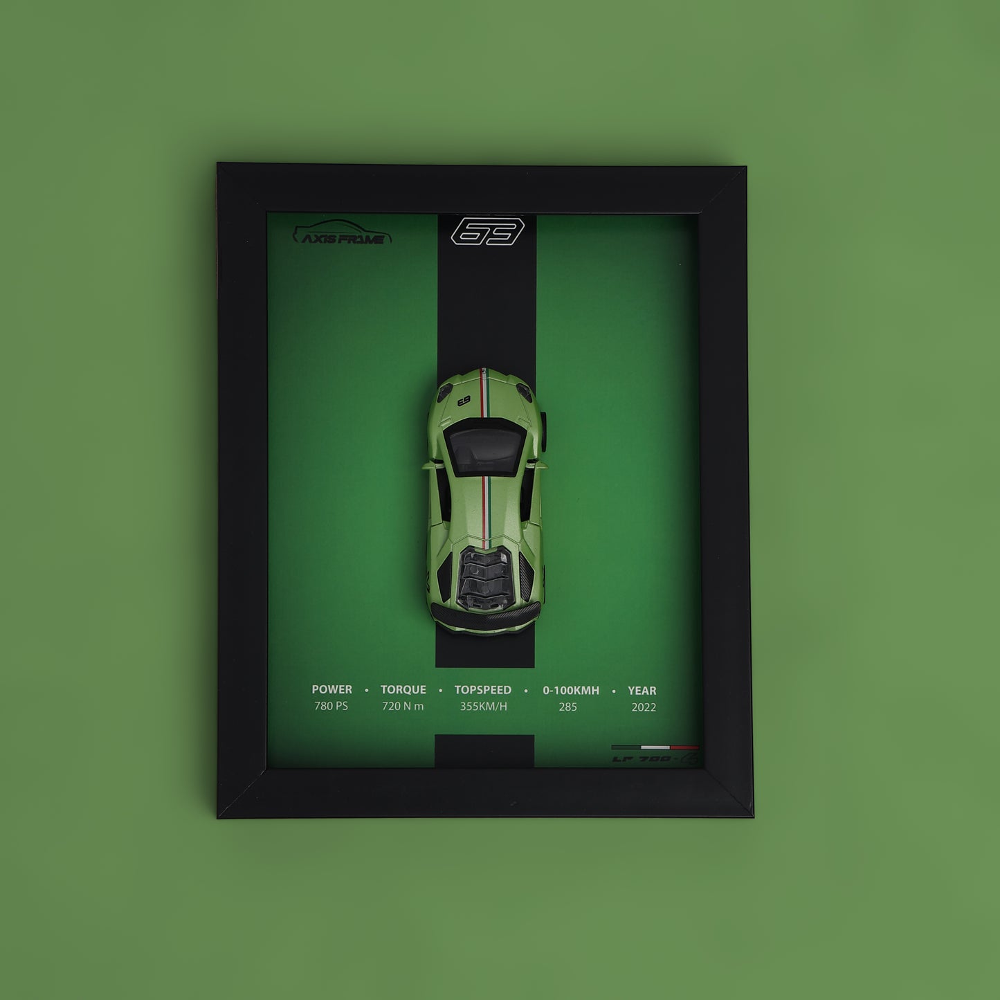 Framed model car display on a green background