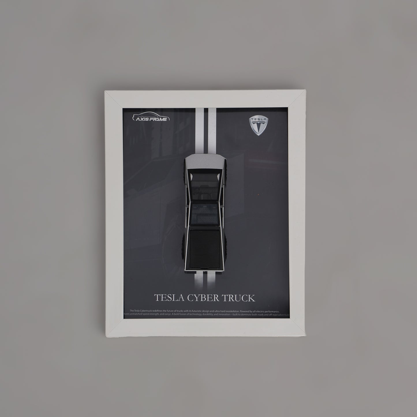 Framed poster of Tesla Cybertruck on a gray background