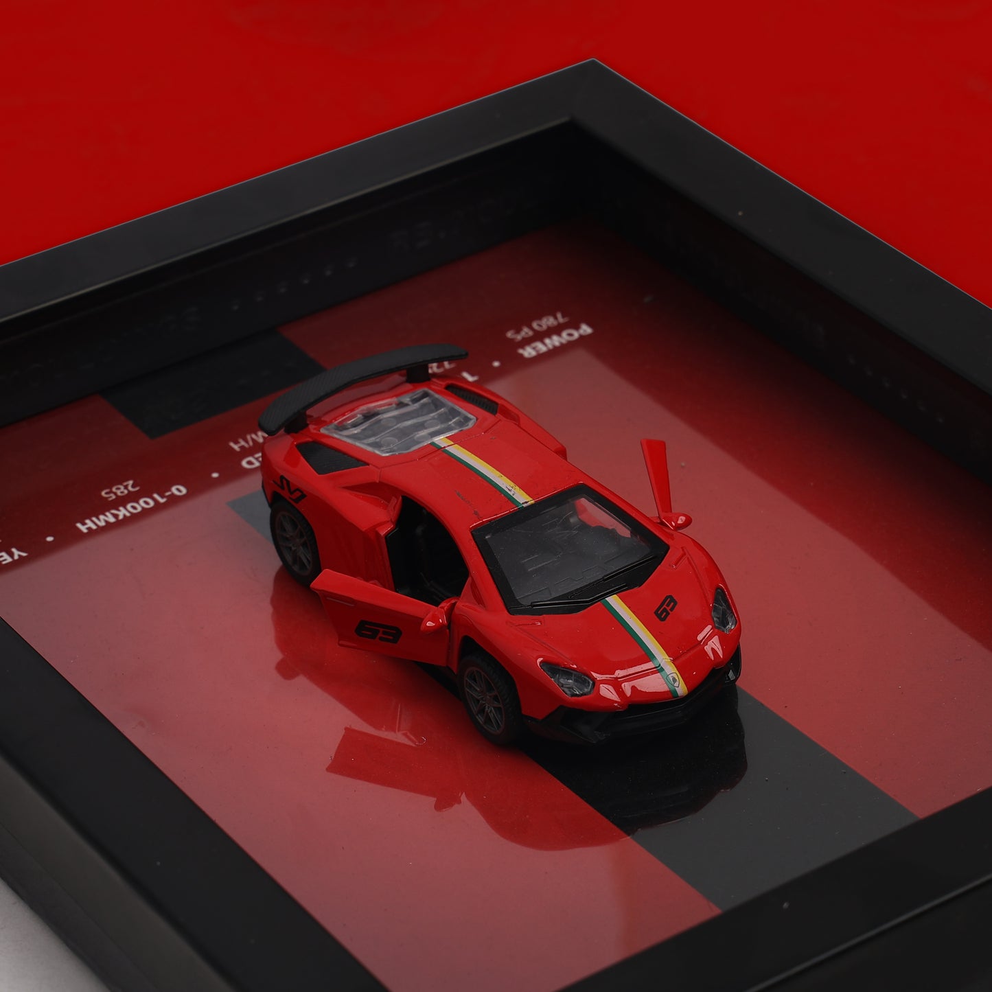 Red toy car on a digital display with a red background in the frame