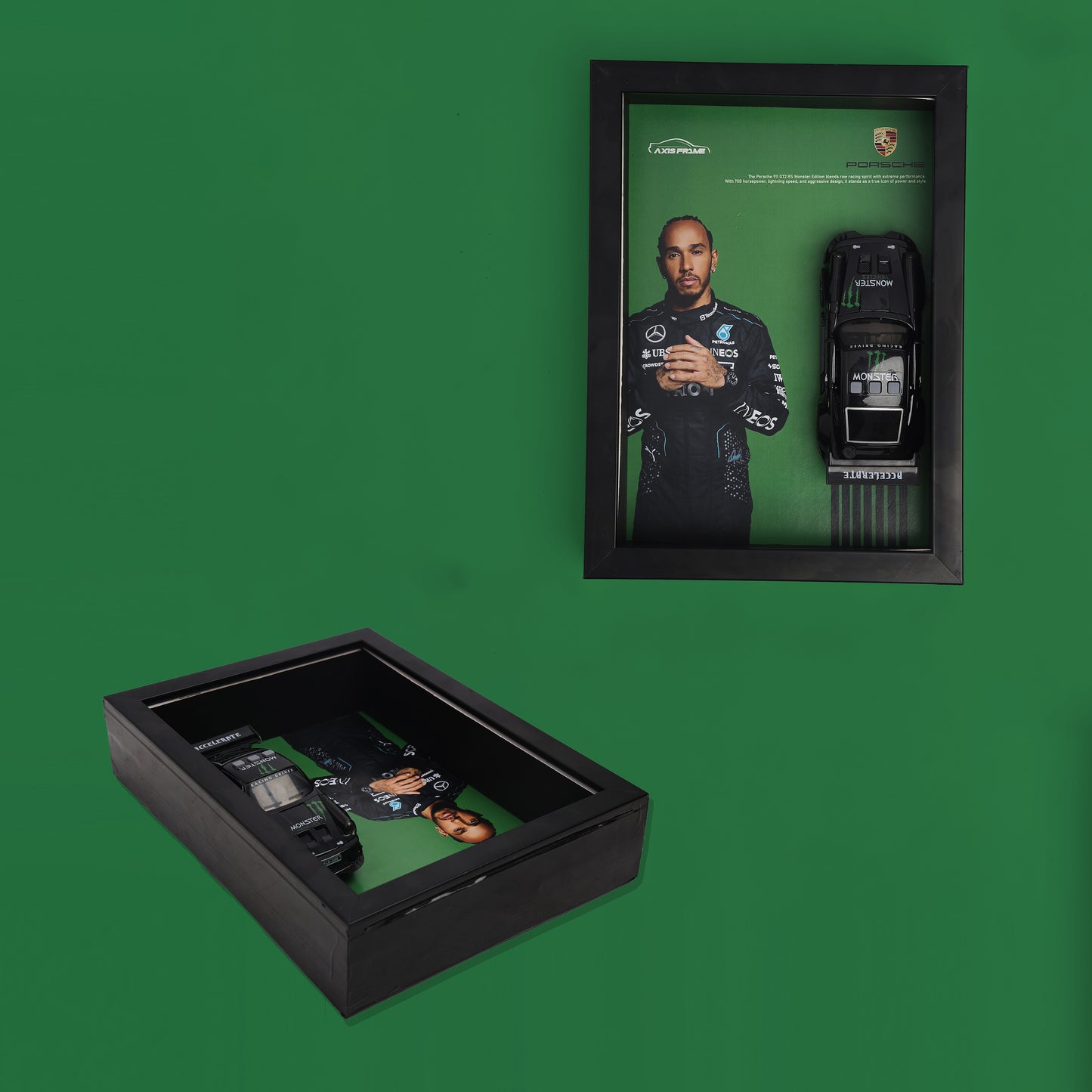Framed picture of a person with a car model on a green background