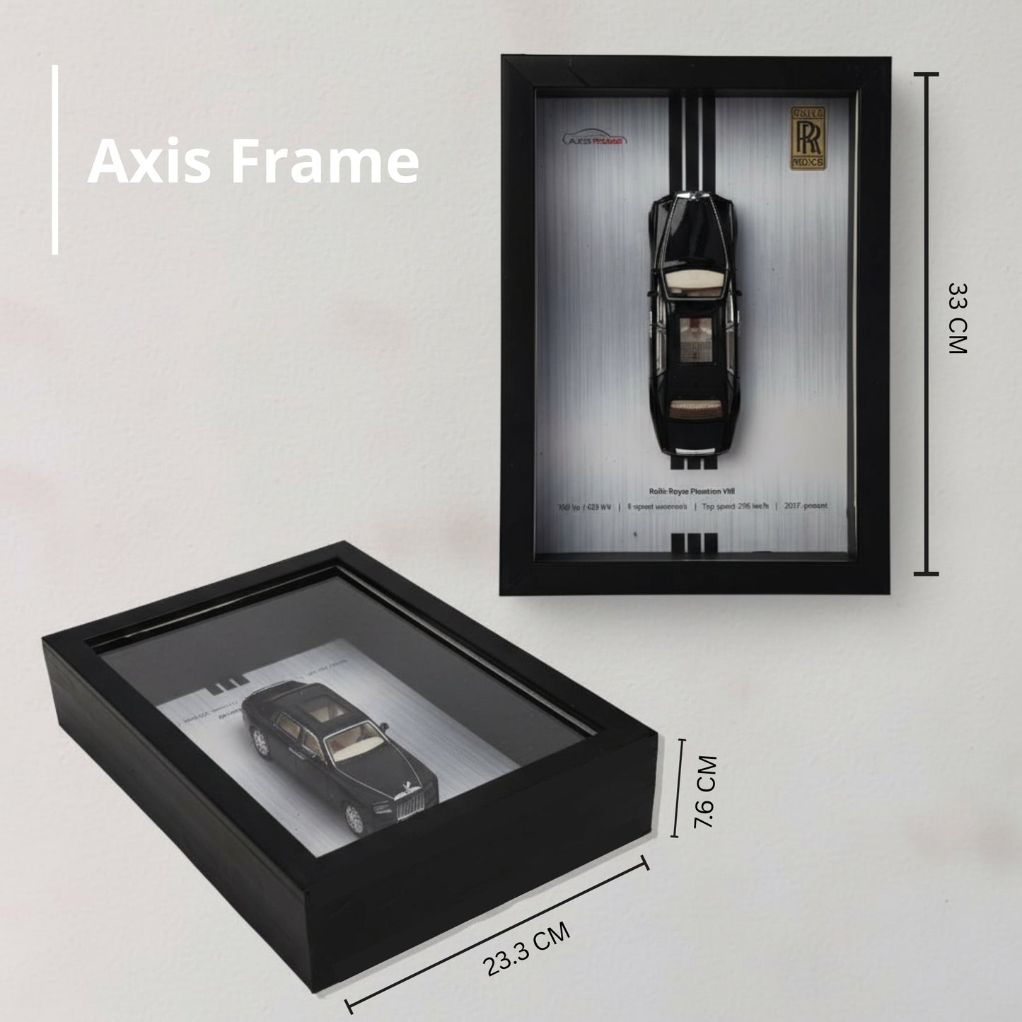 Black framed display case with a model car inside, showing dimensions on a light gray background.
