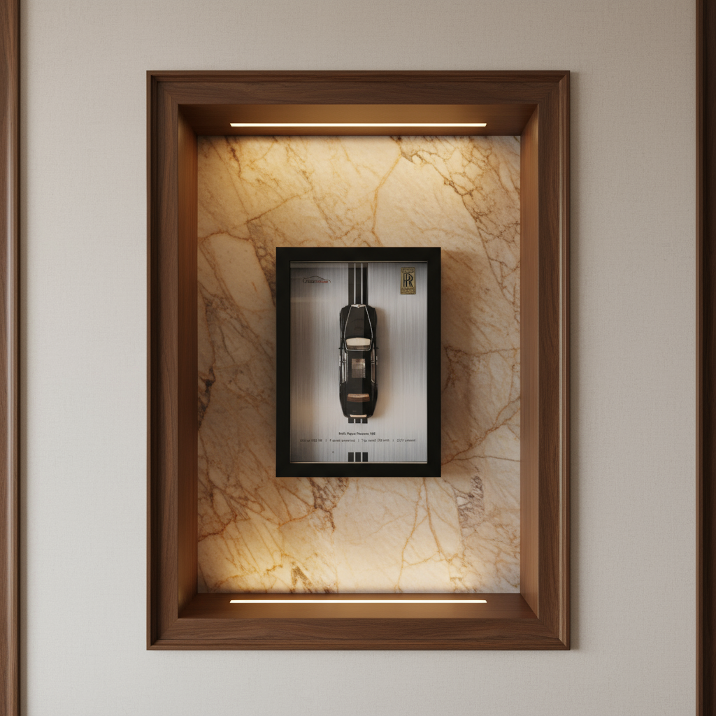 Framed car display with marble backboard and wooden frame