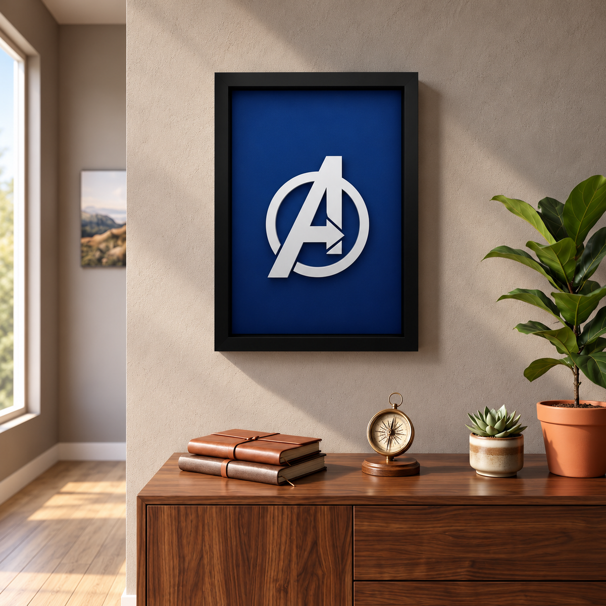 Premium Avengers 3D wall frame with silver Avengers emblem on deep blue background and black shadow box frame