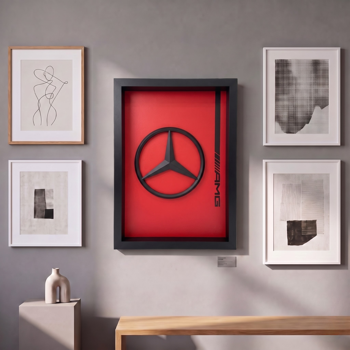 Premium Mercedes AMG 3D frame with black Mercedes logo on red background