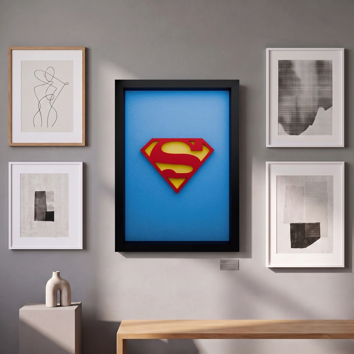 Premium Superman 3D shadow box frame with red and yellow emblem on blue background and black frame