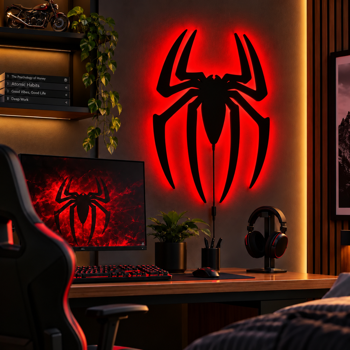 Premium Spider-Man LED wall lamp with black spider emblem and red glowing light