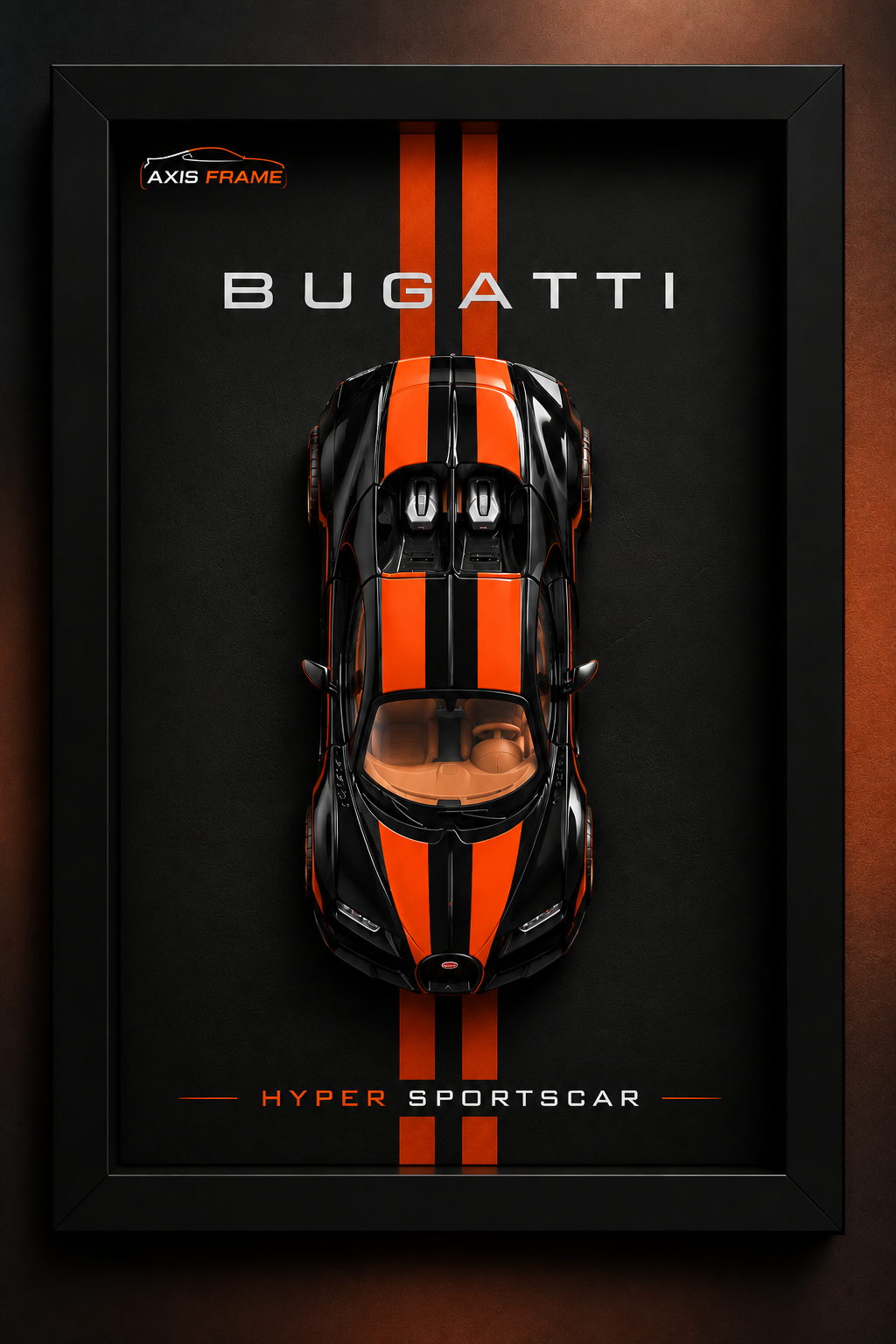 Premium Bugatti 3D Car Frame with black and orange hypercar design and luxury black frame for wall decor