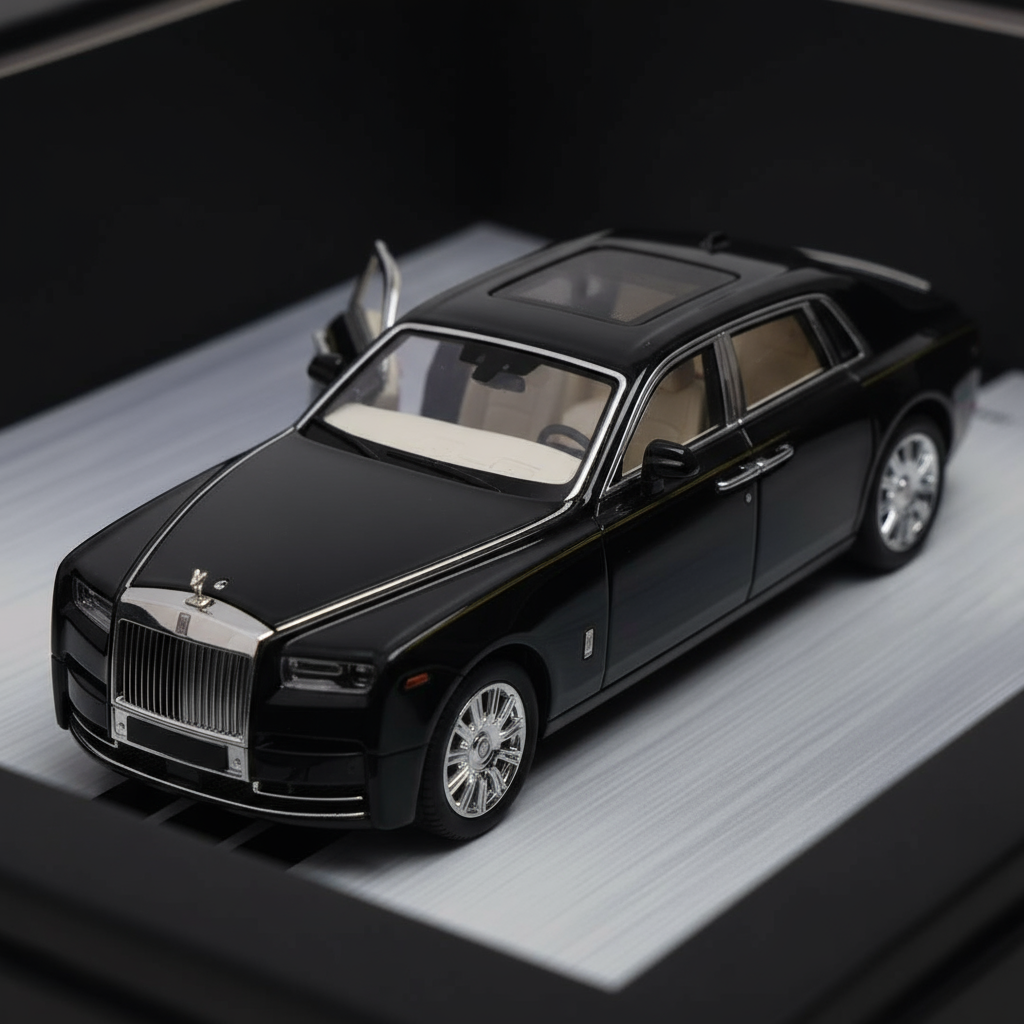 Black model car on a reflective surface with a dark background