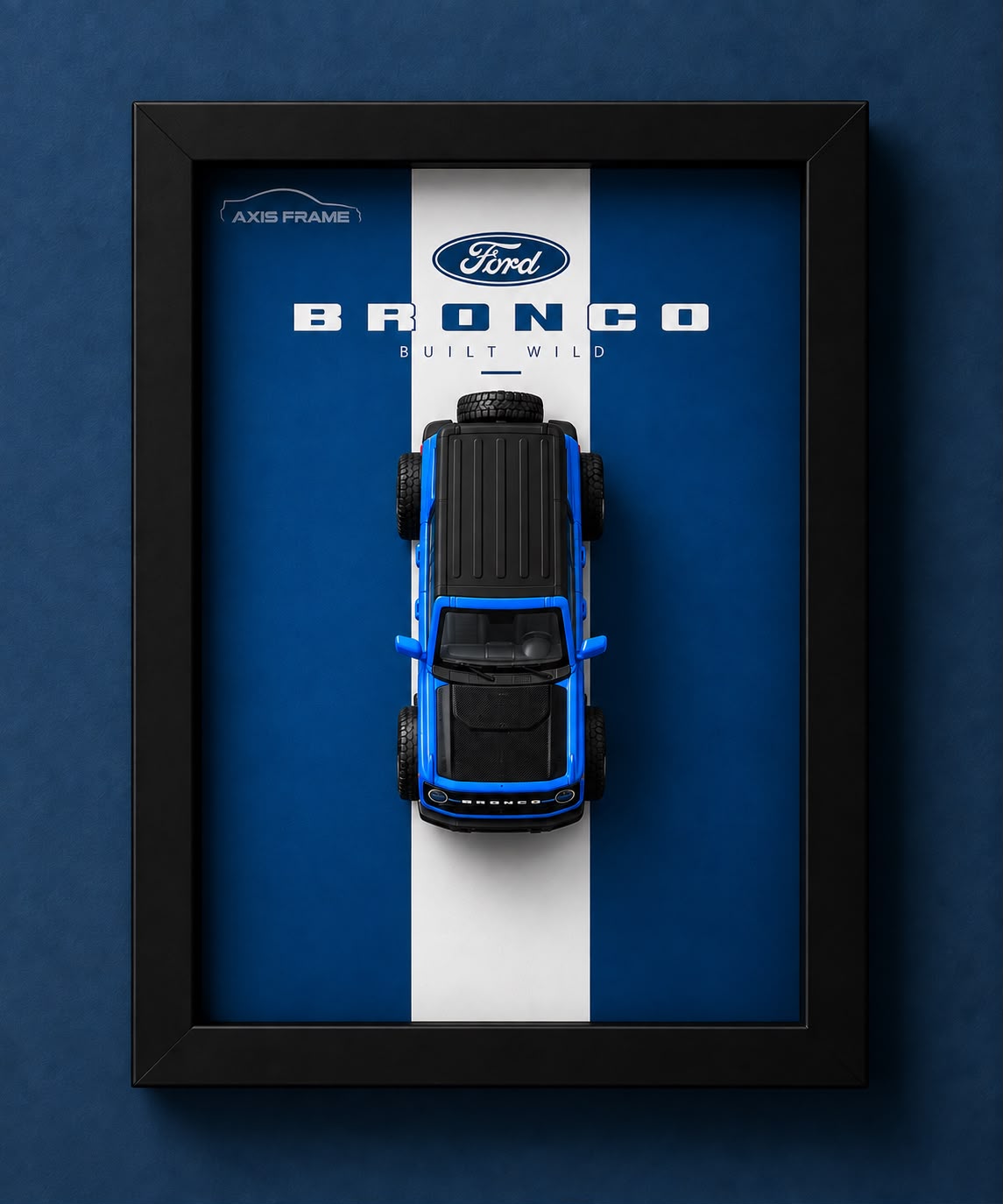 Premium Ford Bronco 3D Car Frame featuring a blue miniature off-road SUV, black frame and blue and white automotive background