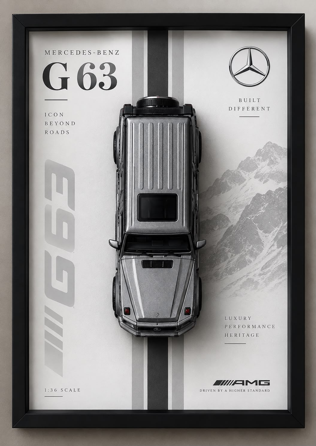 Mercedes-Benz G63 AMG silver model car displayed in a premium black 3D Car Frame with white and grey luxury automotive artwork
