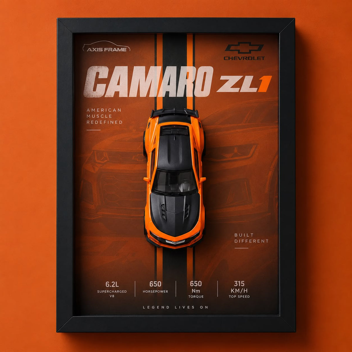 Orange Chevrolet Camaro ZL1 diecast car displayed in a premium black 3D Car Frame with orange and black racing stripes and muscle car wall art design.