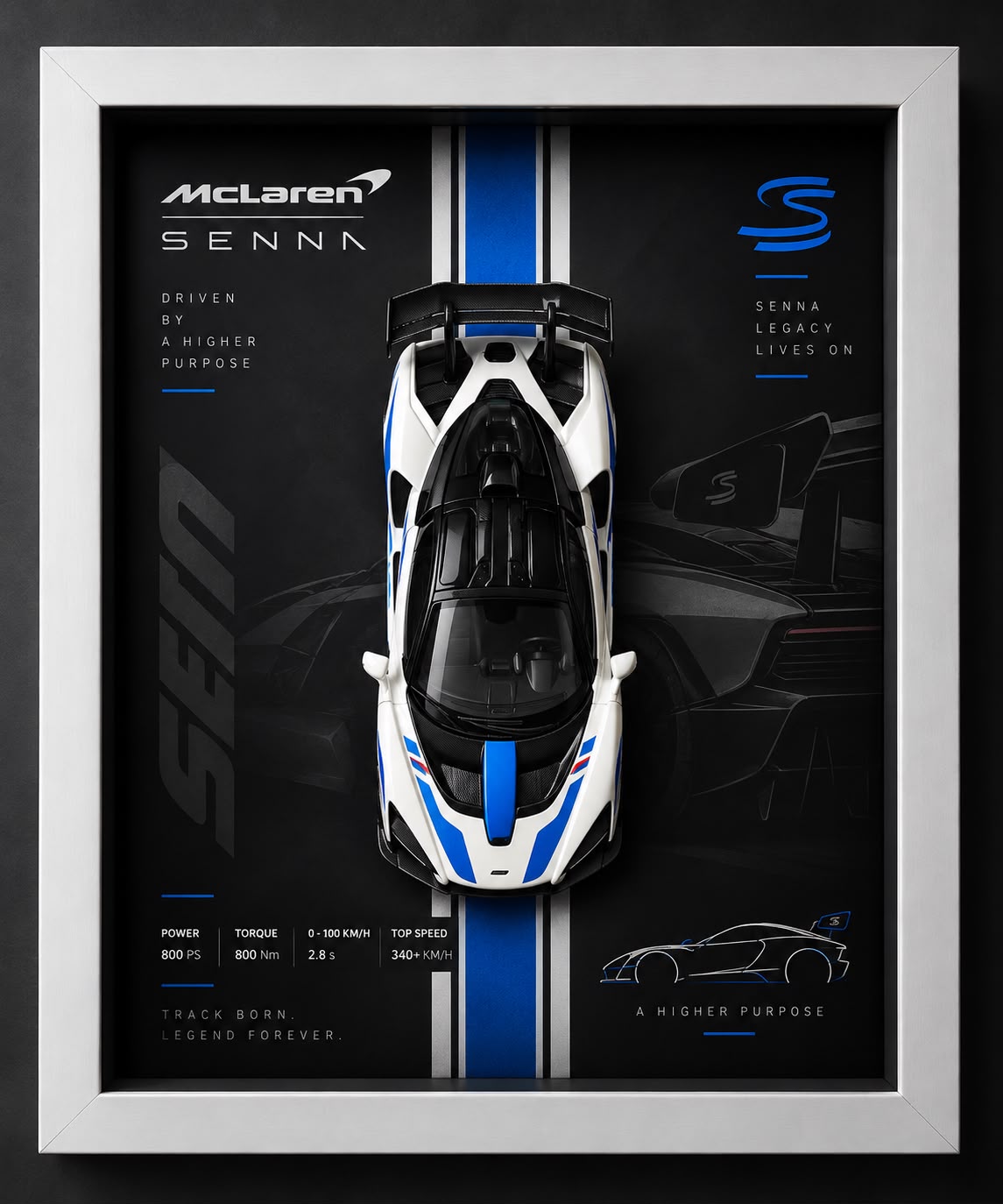Premium McLaren Senna 3D Car Frame featuring a white and blue supercar model, black racing-inspired background, and silver display frame.