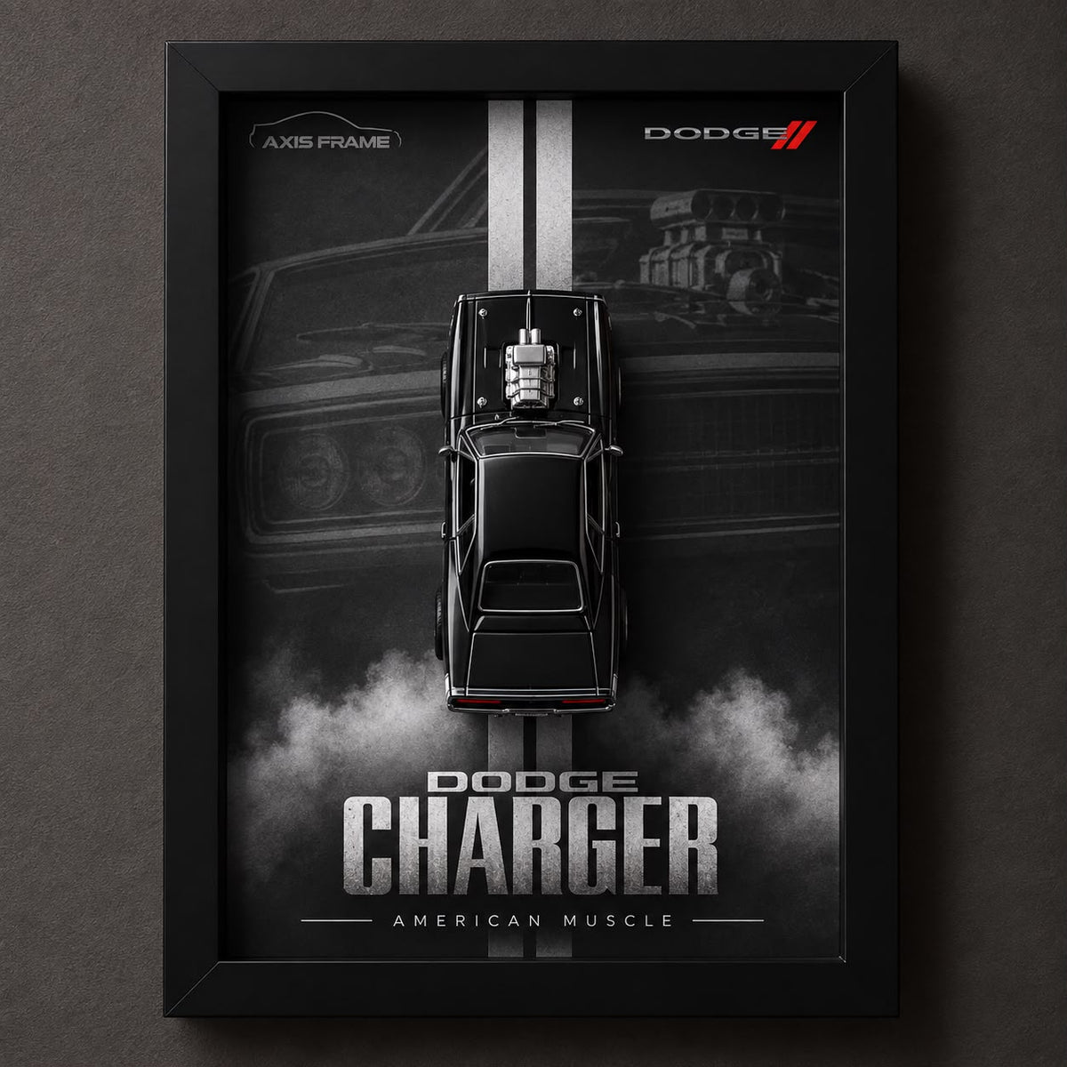 Premium Dodge Charger 3D Car Frame with black miniature muscle car, monochrome automotive background and black shadow box frame wall decor