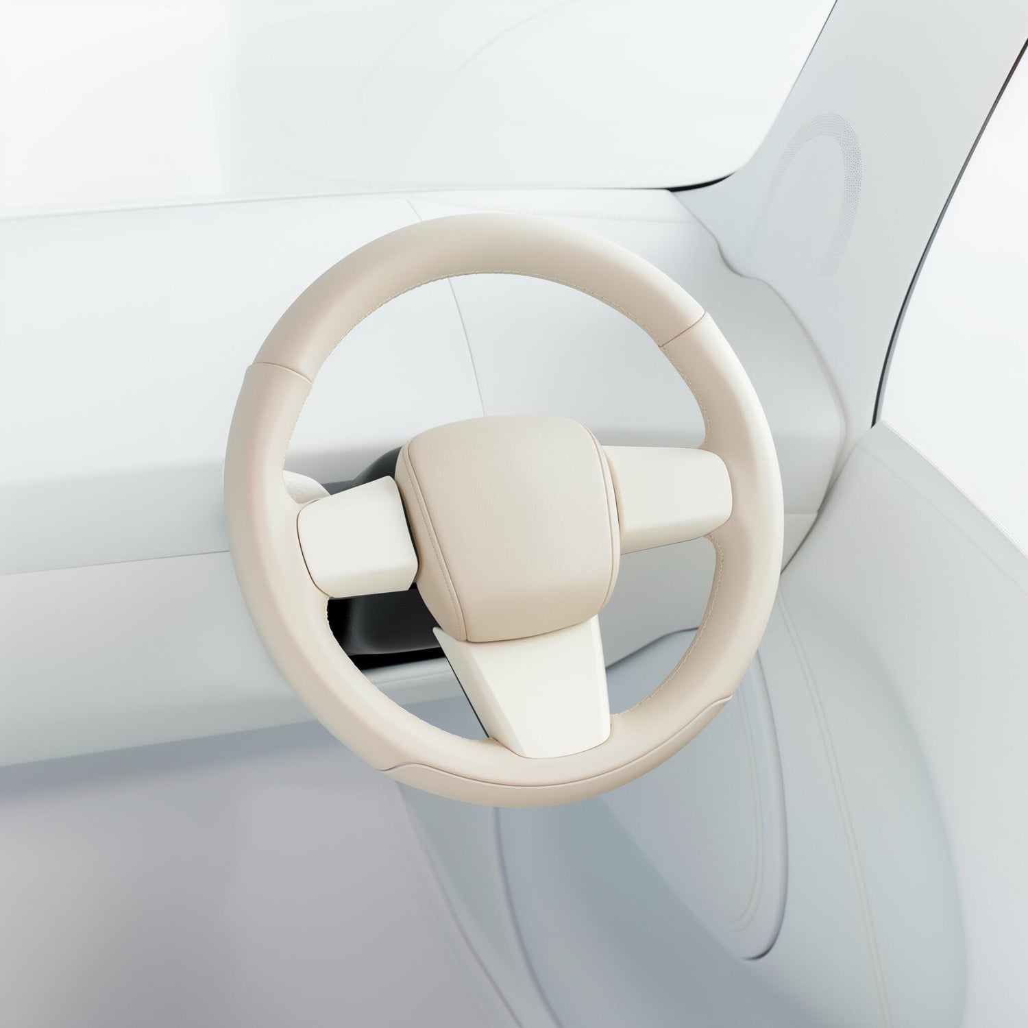 A minimalist car interior featuring a sleek, a white dashboard. The design conveys a modern, futuristic feel.