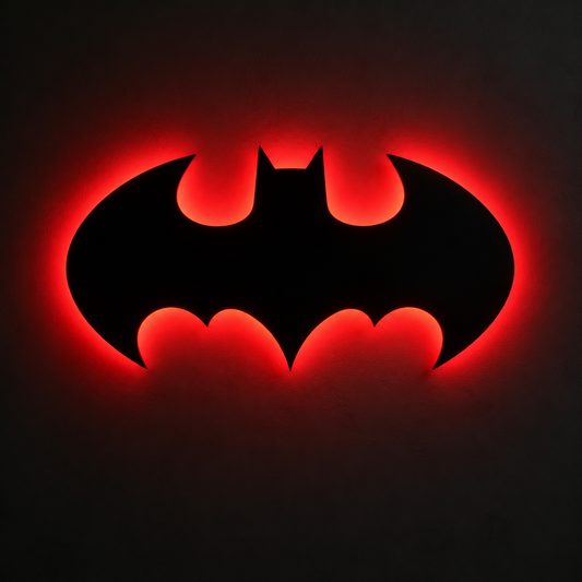 Premium Batman LED wall lamp with warm yellow glowing emblem on dark wall