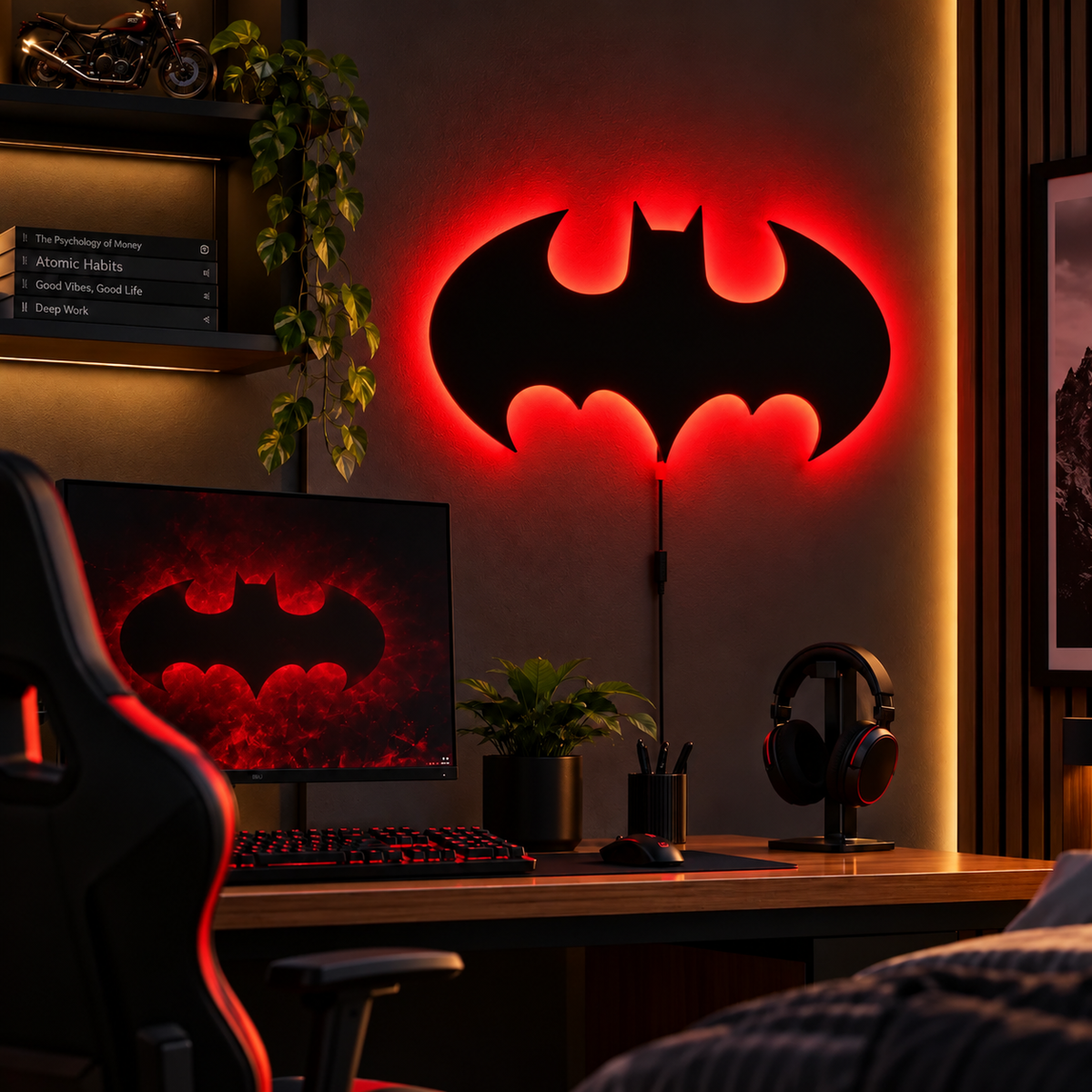 Premium Batman LED wall lamp with warm yellow glowing emblem on dark wall