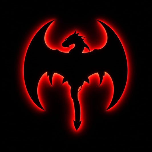 Dragon LED wall lamp with glowing pink, orange, and red dragon design on a blue background
