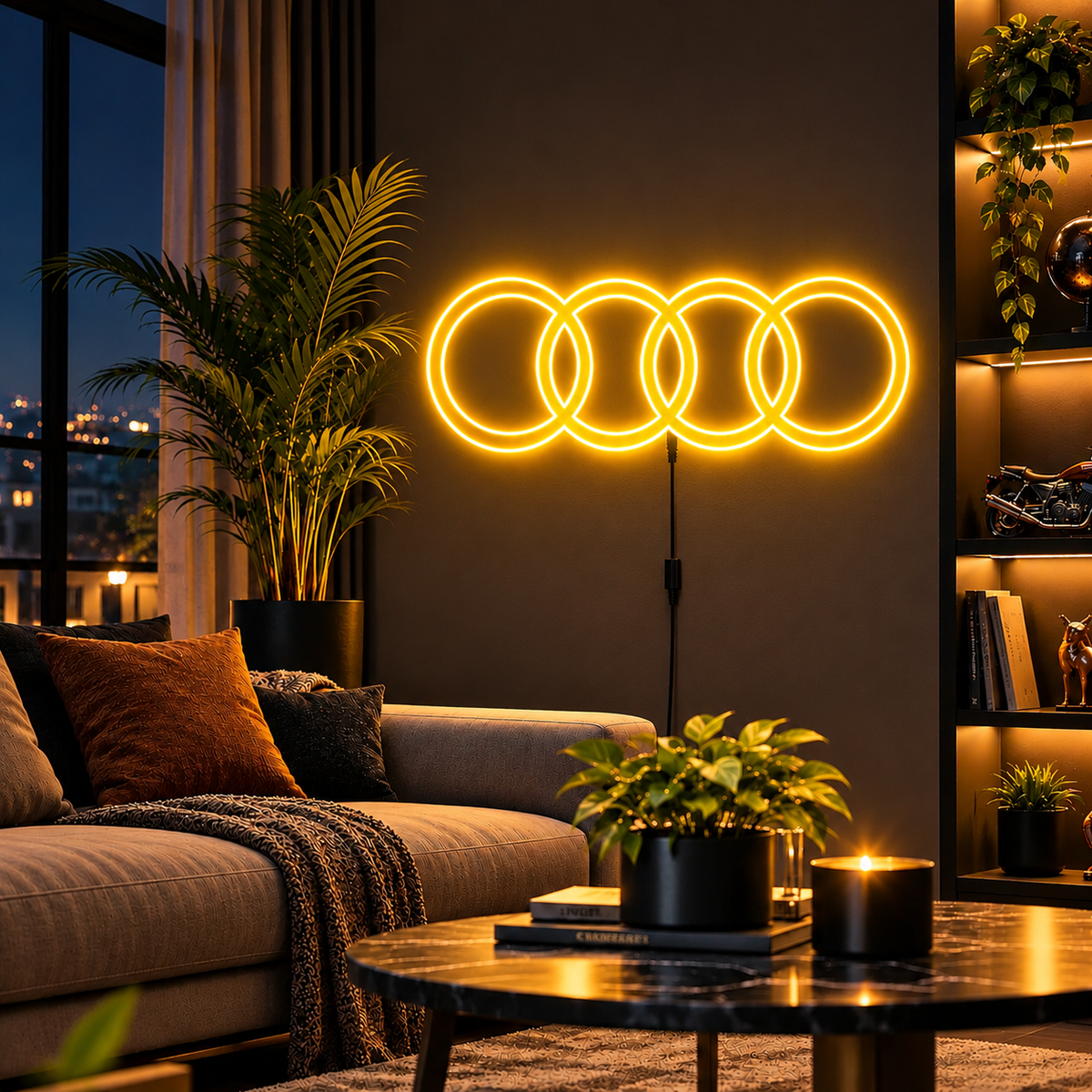 Audi four-ring logo LED wall sign glowing blue against a dark brick wall