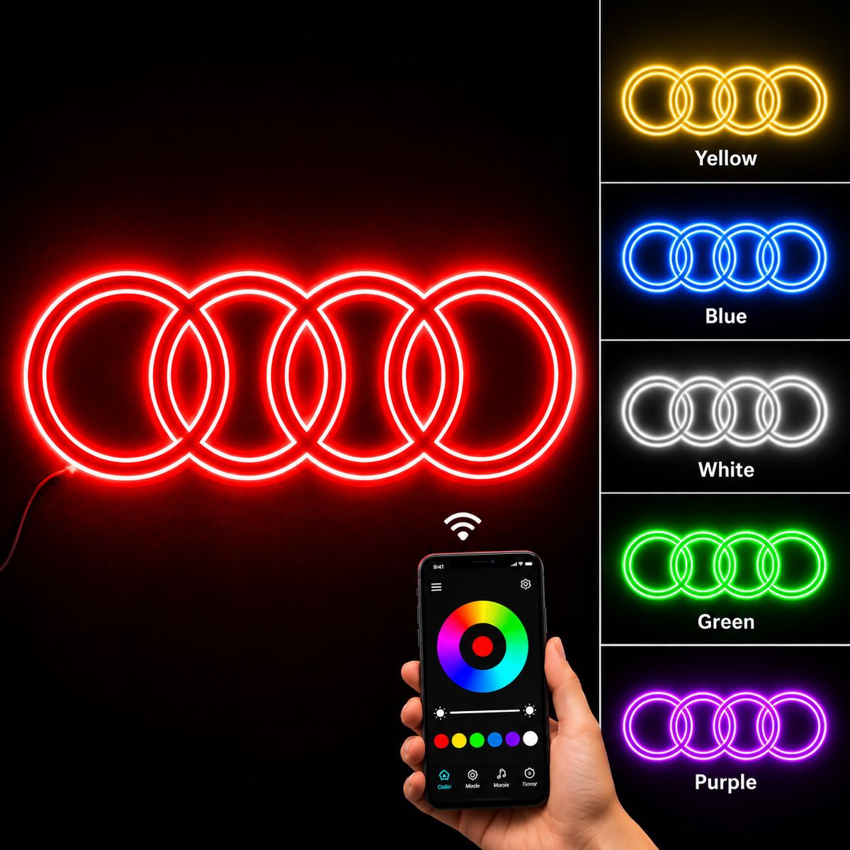 Audi four-ring logo LED wall sign glowing blue against a dark brick wall