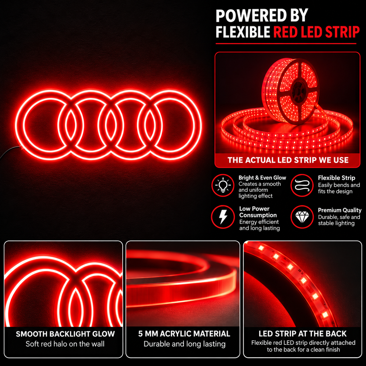 Audi four-ring logo LED wall sign glowing blue against a dark brick wall