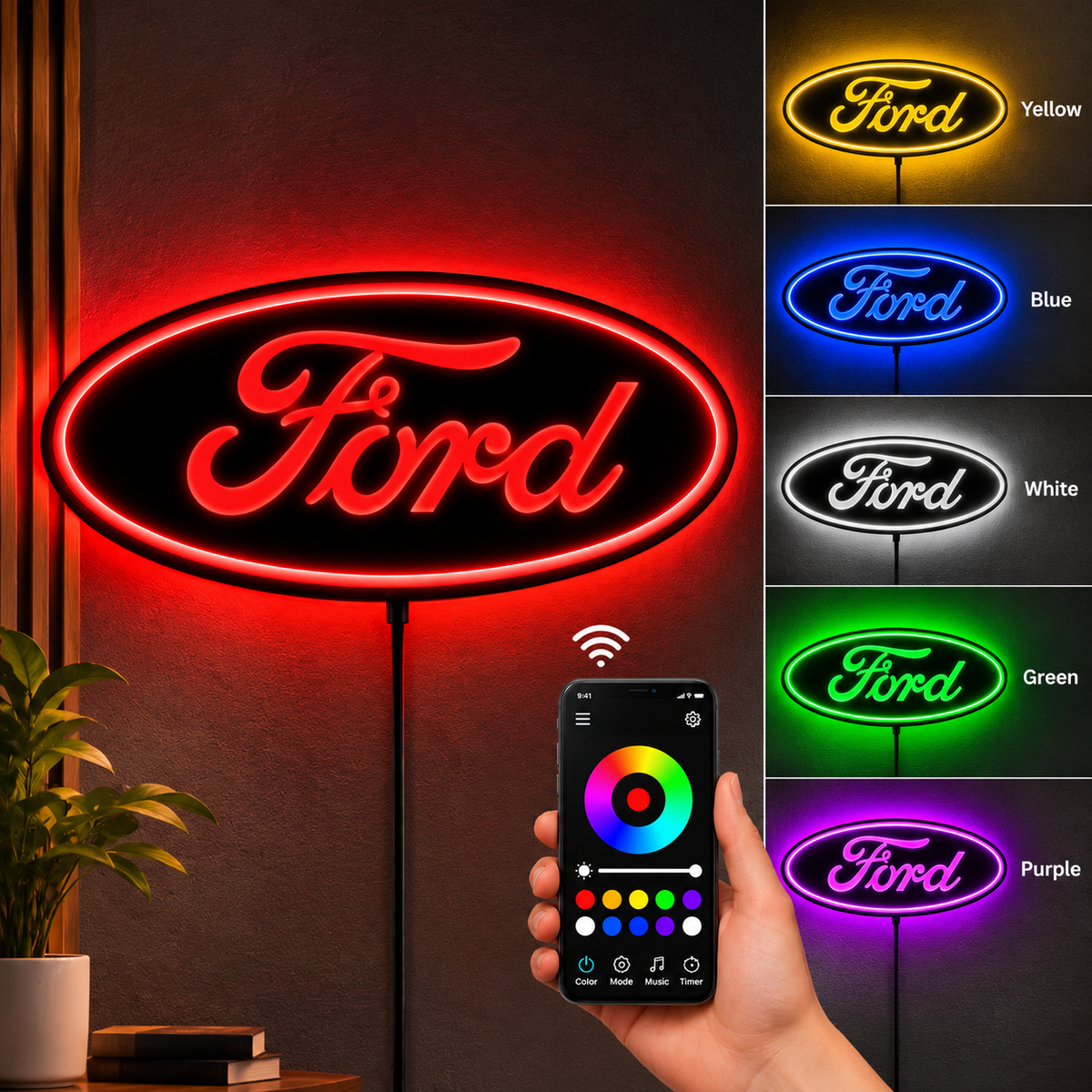 Ford LED Logo Wall Sign | Blue Illuminated Car Decor