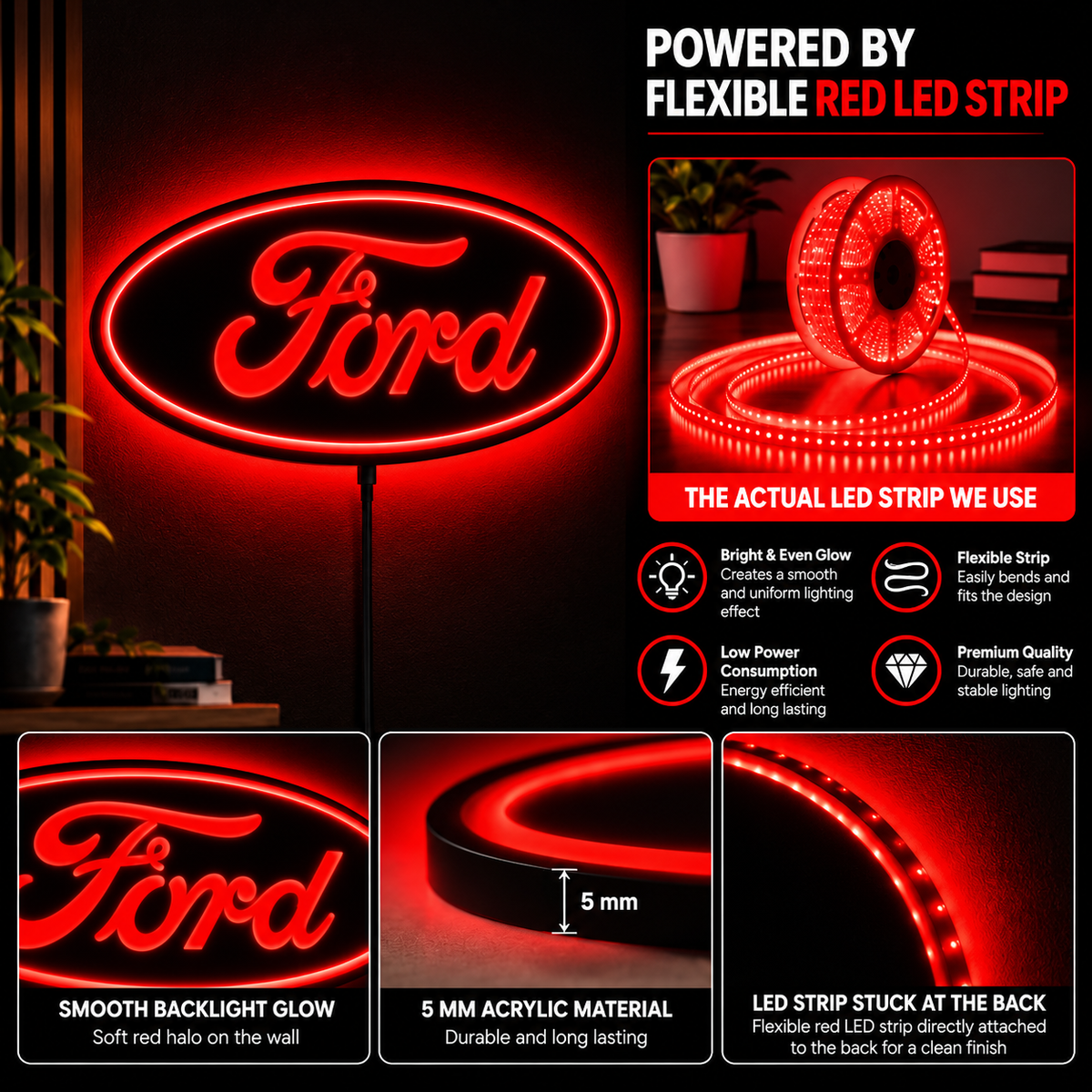 Ford LED Logo Wall Sign | Blue Illuminated Car Decor