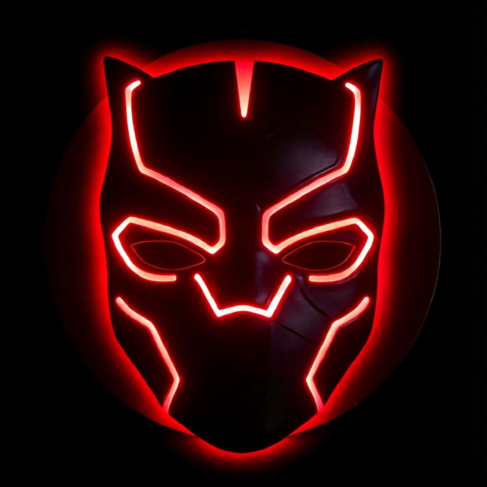 Black Panther-inspired LED wall lamp featuring a black superhero mask with glowing purple and pink backlighting on a brick wall
