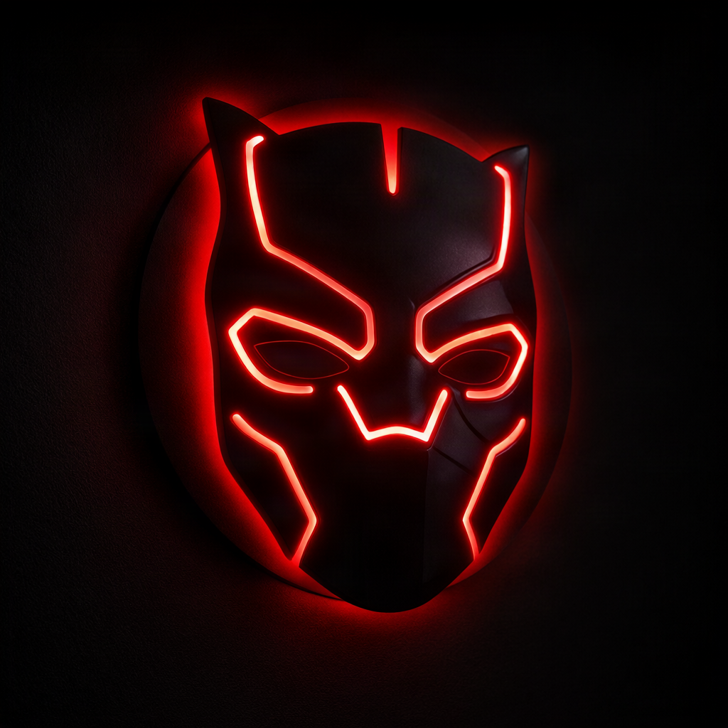 Black Panther-inspired LED wall lamp featuring a black superhero mask with glowing purple and pink backlighting on a brick wall
