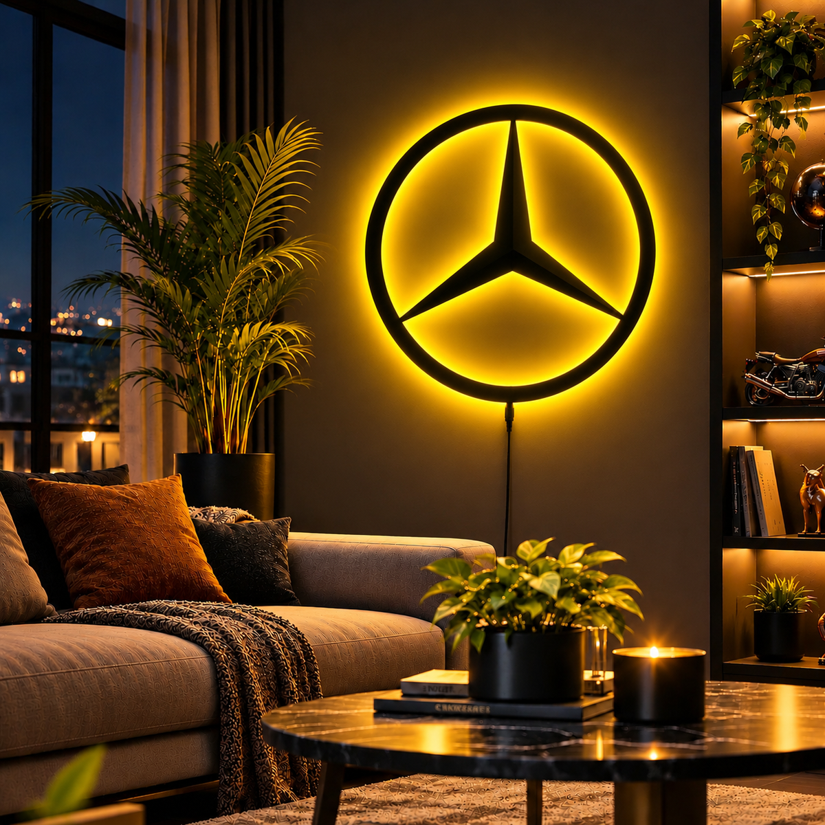 Mercedes-Benz three-pointed star logo LED wall sign with warm yellow backlighting on a white wall