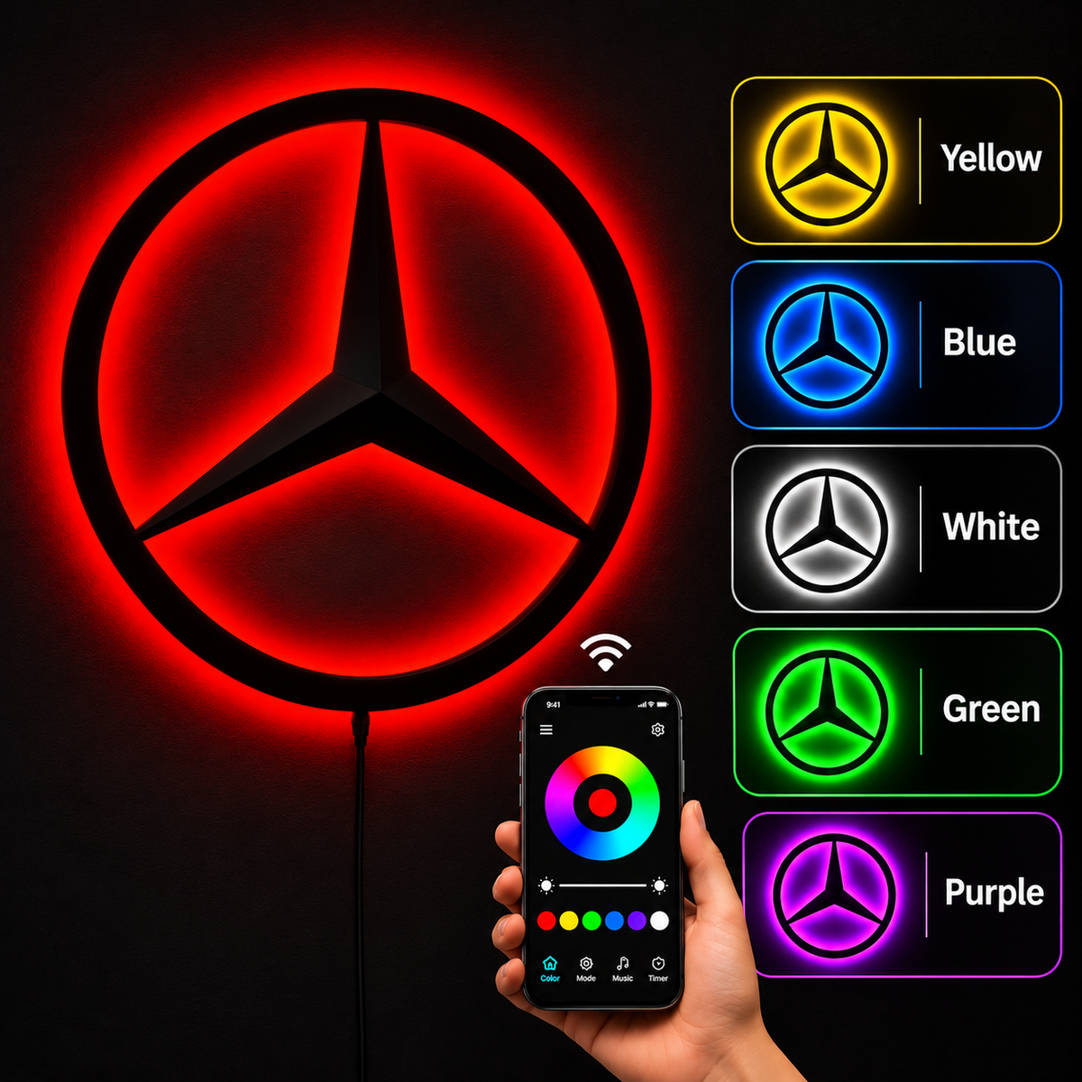Mercedes-Benz three-pointed star logo LED wall sign with warm yellow backlighting on a white wall