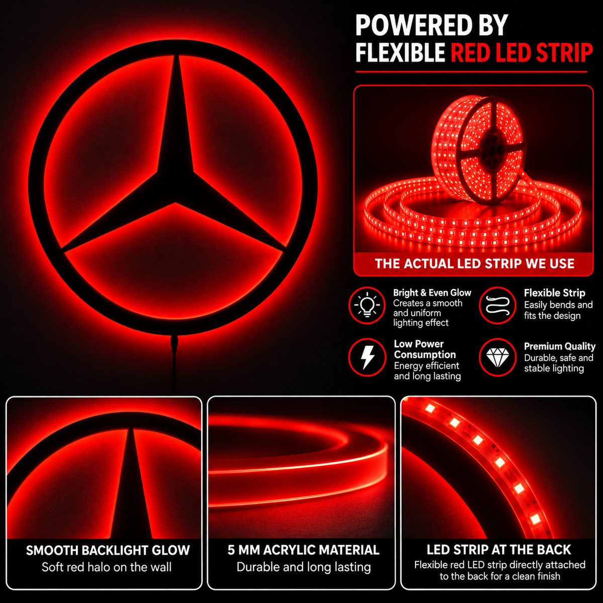 Mercedes-Benz three-pointed star logo LED wall sign with warm yellow backlighting on a white wall