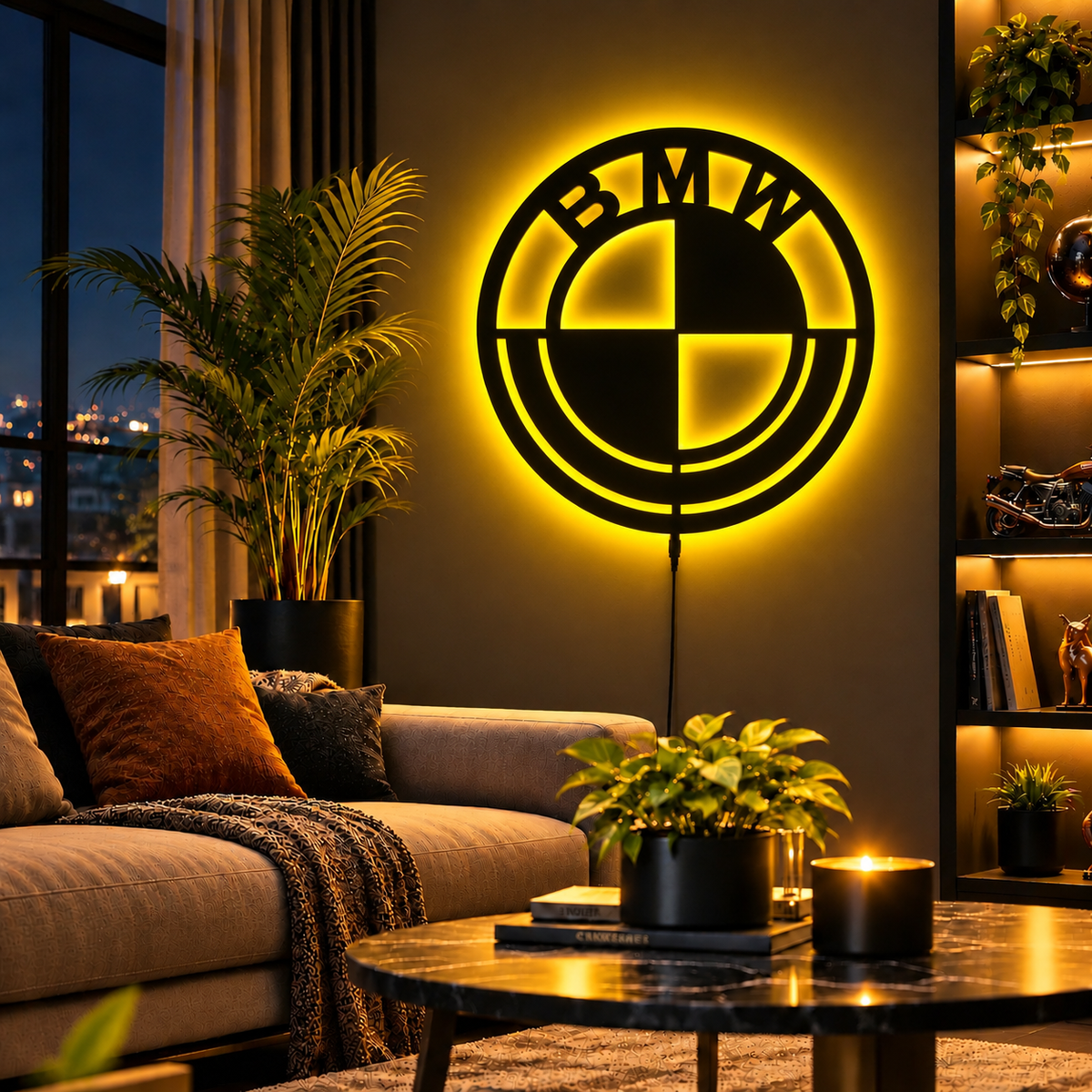 BMW-inspired LED logo wall sign with blue illumination and white backlighting in a modern living room