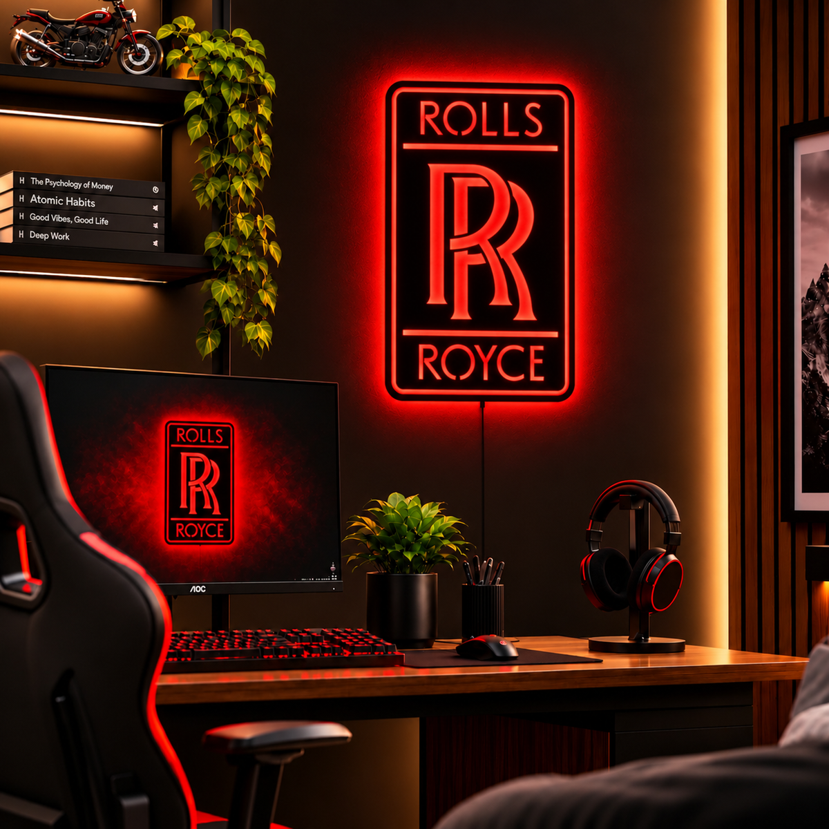 Rolls-Royce logo LED wall sign with golden illumination on a black rectangular plaque against a concrete wall