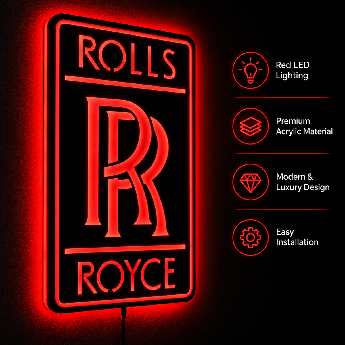 Rolls-Royce logo LED wall sign with golden illumination on a black rectangular plaque against a concrete wall