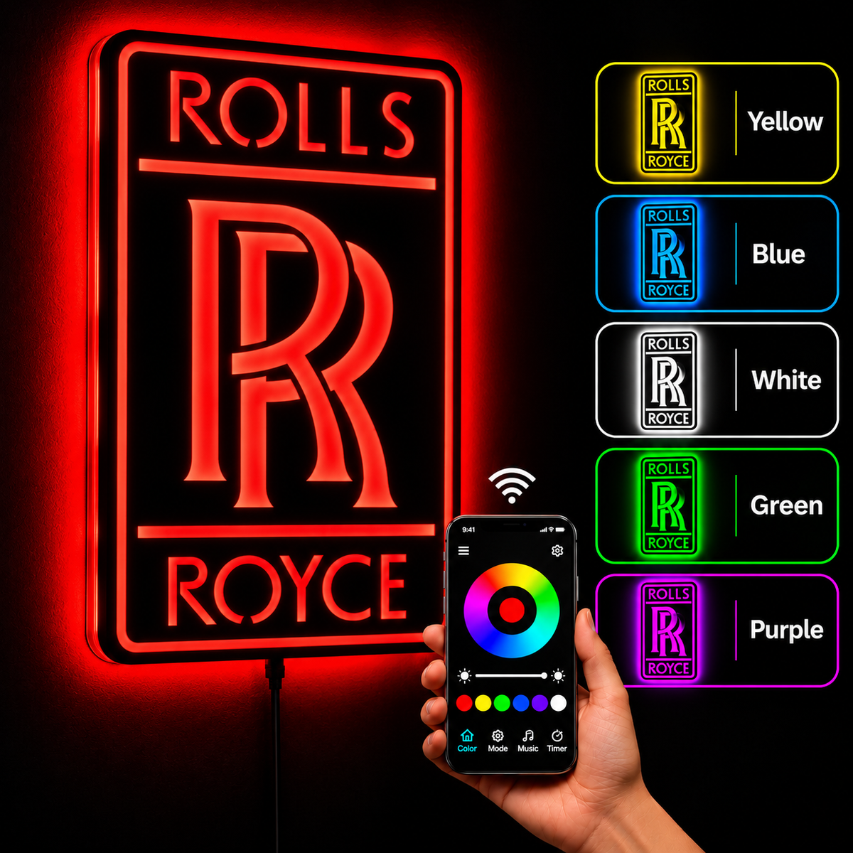 Rolls-Royce logo LED wall sign with golden illumination on a black rectangular plaque against a concrete wall