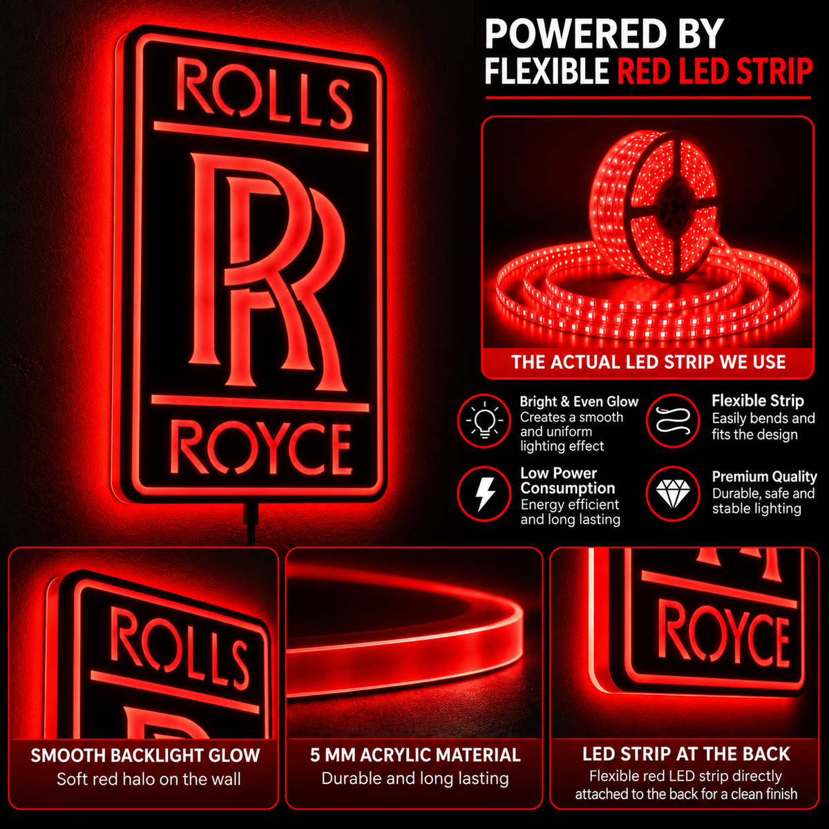 Rolls-Royce logo LED wall sign with golden illumination on a black rectangular plaque against a concrete wall