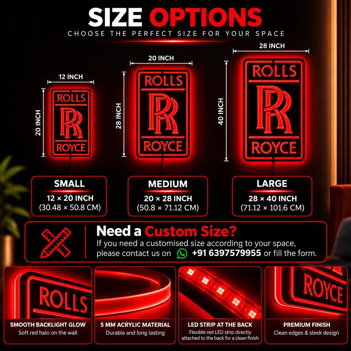 Rolls-Royce logo LED wall sign with golden illumination on a black rectangular plaque against a concrete wall