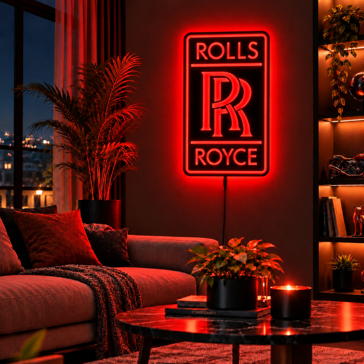 Rolls-Royce logo LED wall sign with golden illumination on a black rectangular plaque against a concrete wall
