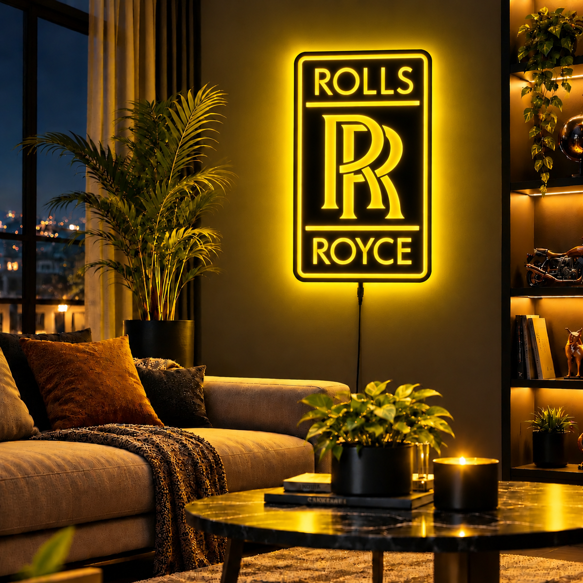 Rolls-Royce logo LED wall sign with golden illumination on a black rectangular plaque against a concrete wall