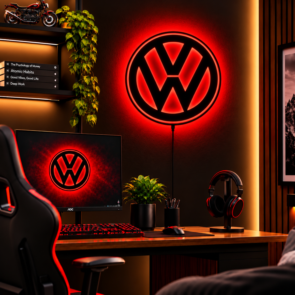 Volkswagen VW logo LED wall sign with warm yellow backlighting on a dark wall, automotive decor for garages and car enthusiasts.
