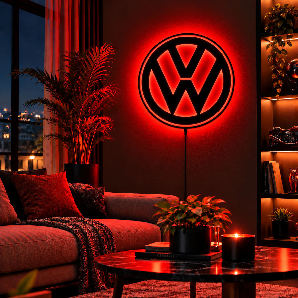 Volkswagen VW logo LED wall sign with warm yellow backlighting on a dark wall, automotive decor for garages and car enthusiasts.