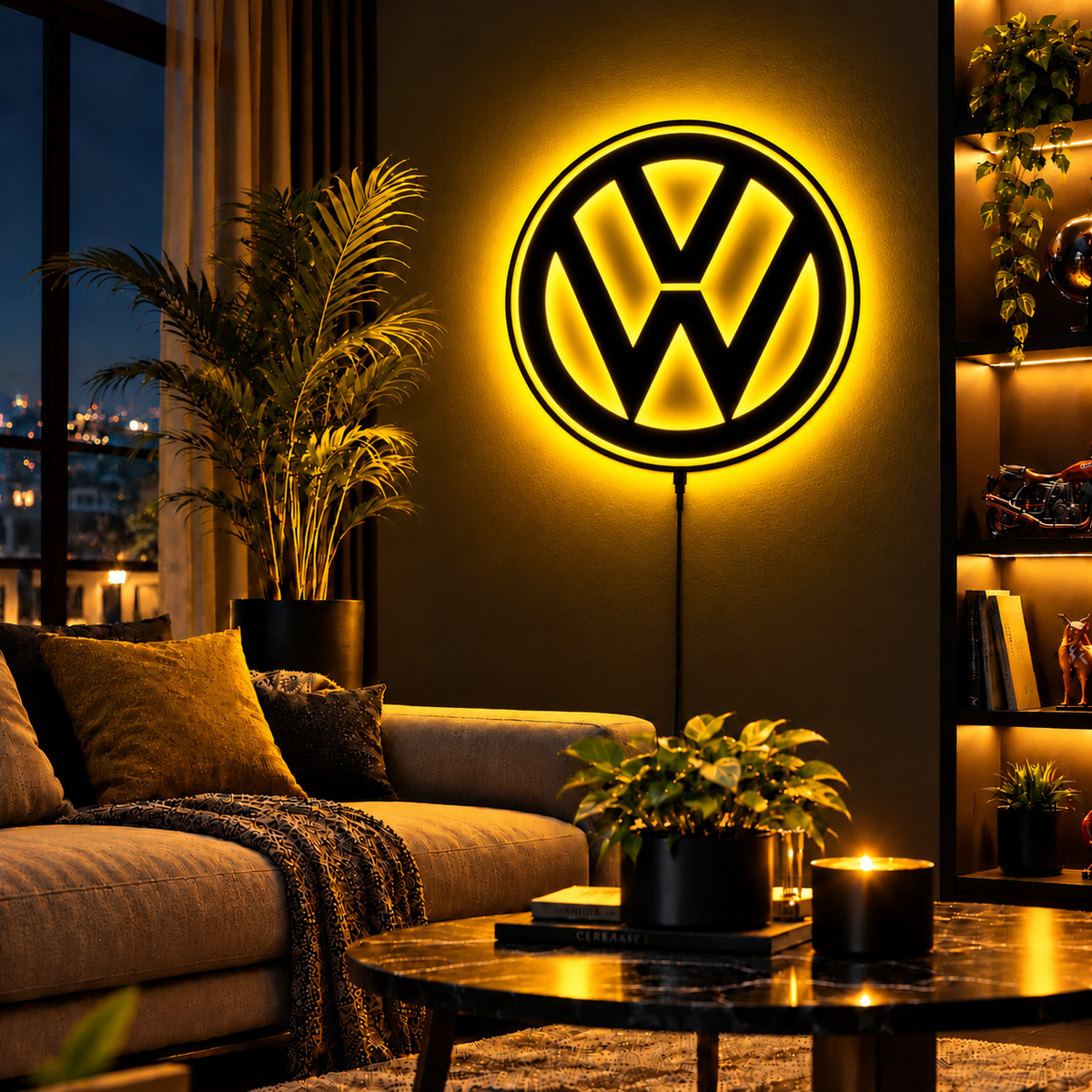 Volkswagen VW logo LED wall sign with warm yellow backlighting on a dark wall, automotive decor for garages and car enthusiasts.