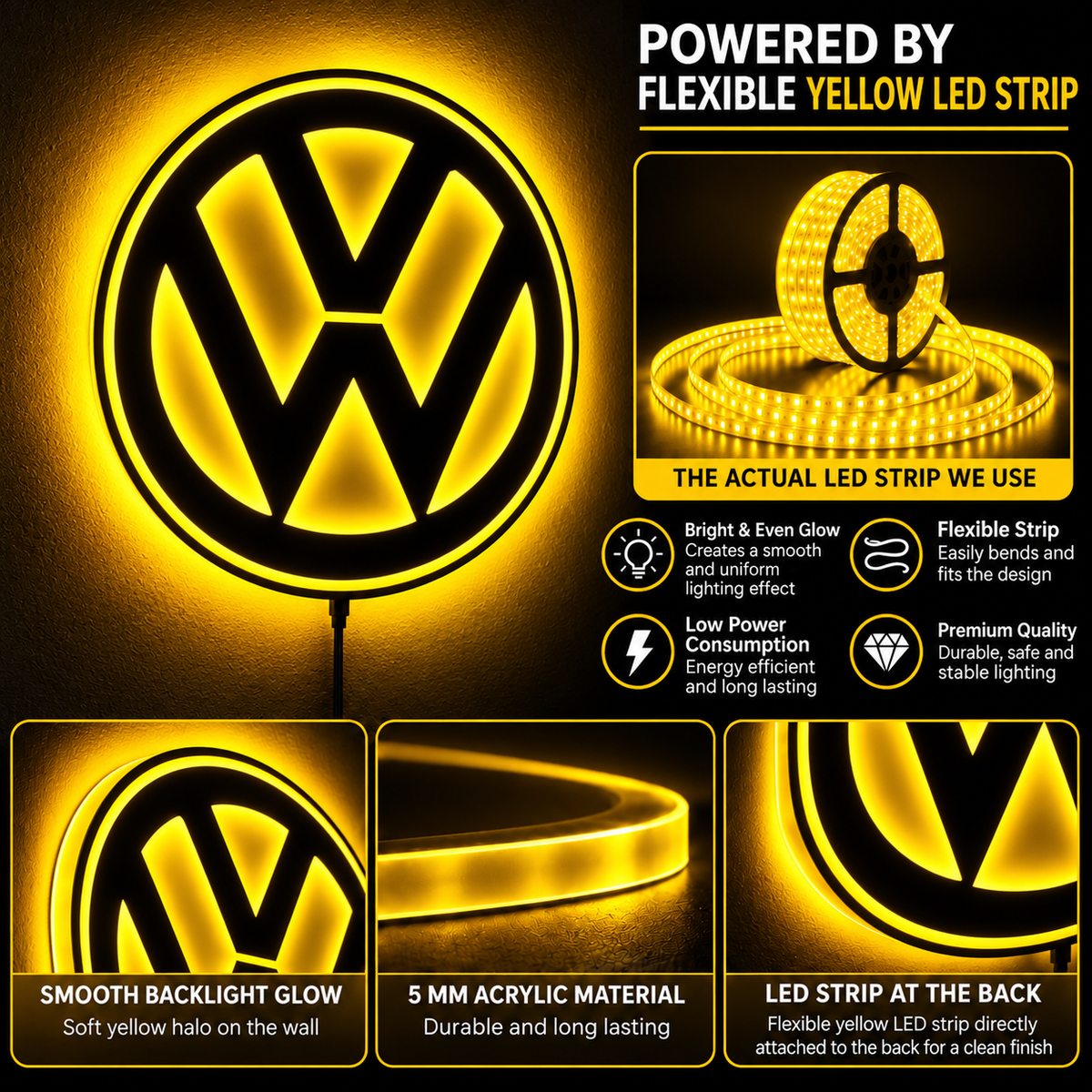 Volkswagen VW logo LED wall sign with warm yellow backlighting on a dark wall, automotive decor for garages and car enthusiasts.