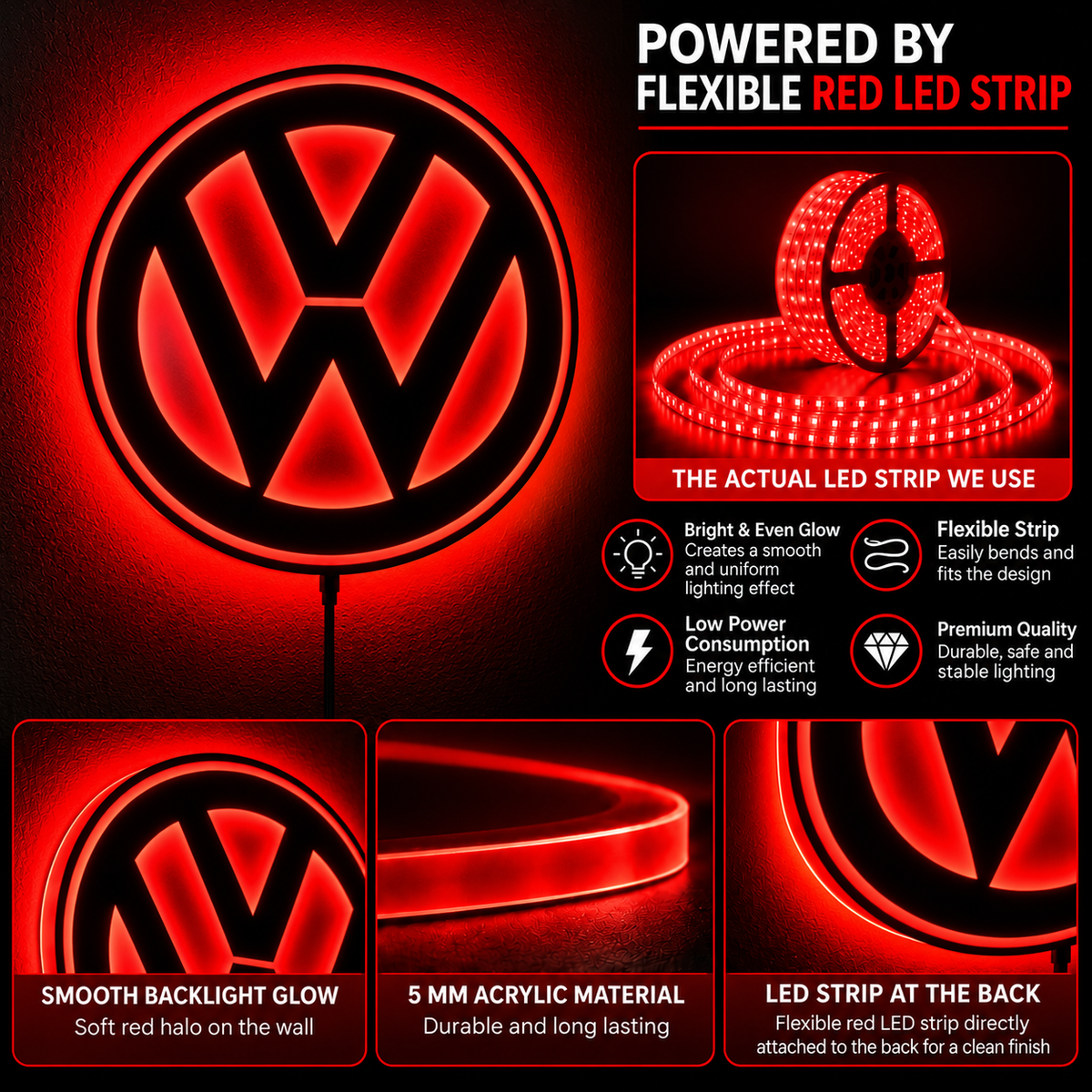 Volkswagen VW logo LED wall sign with warm yellow backlighting on a dark wall, automotive decor for garages and car enthusiasts.
