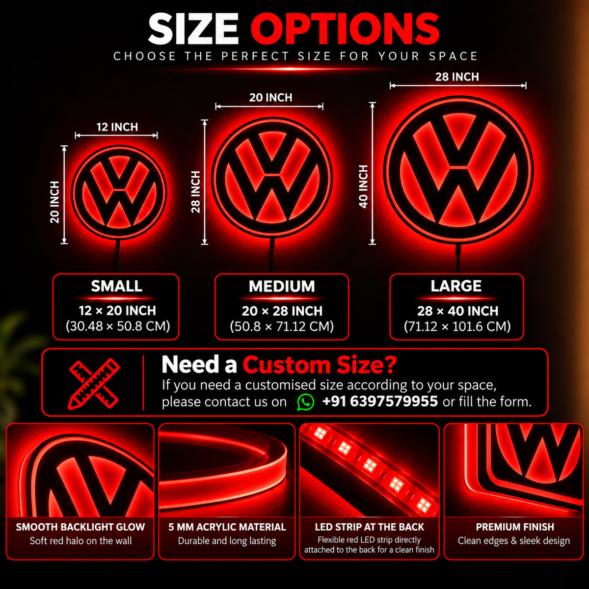 Volkswagen VW logo LED wall sign with warm yellow backlighting on a dark wall, automotive decor for garages and car enthusiasts.
